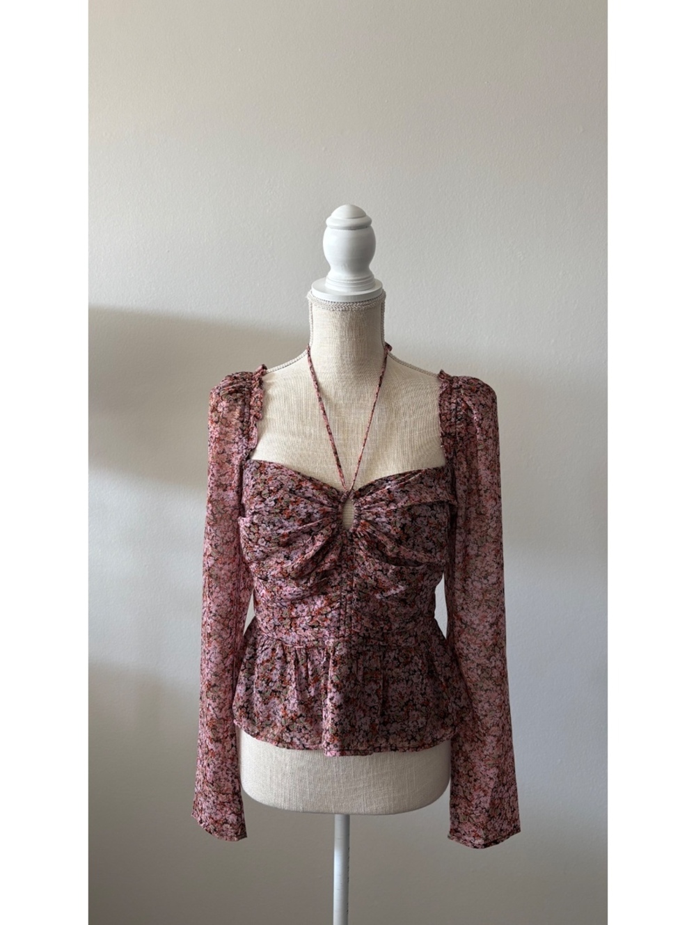 Romantic ASTR Floral Long Sleeve Peplum Blouse with Keyhole Neckline Large